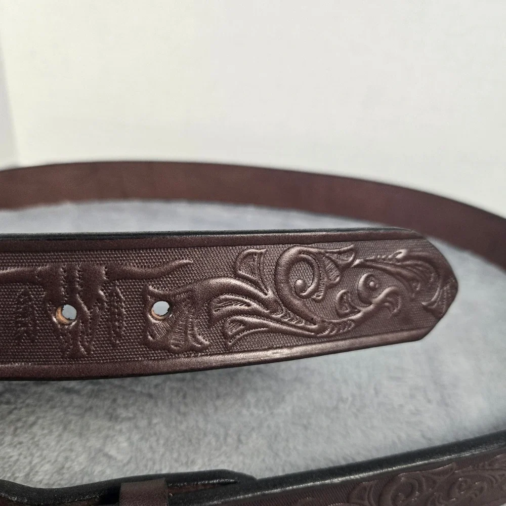 Hershberger's Millersburg Ohio Mens Brown Tooled Leather Western Belt Size 50
